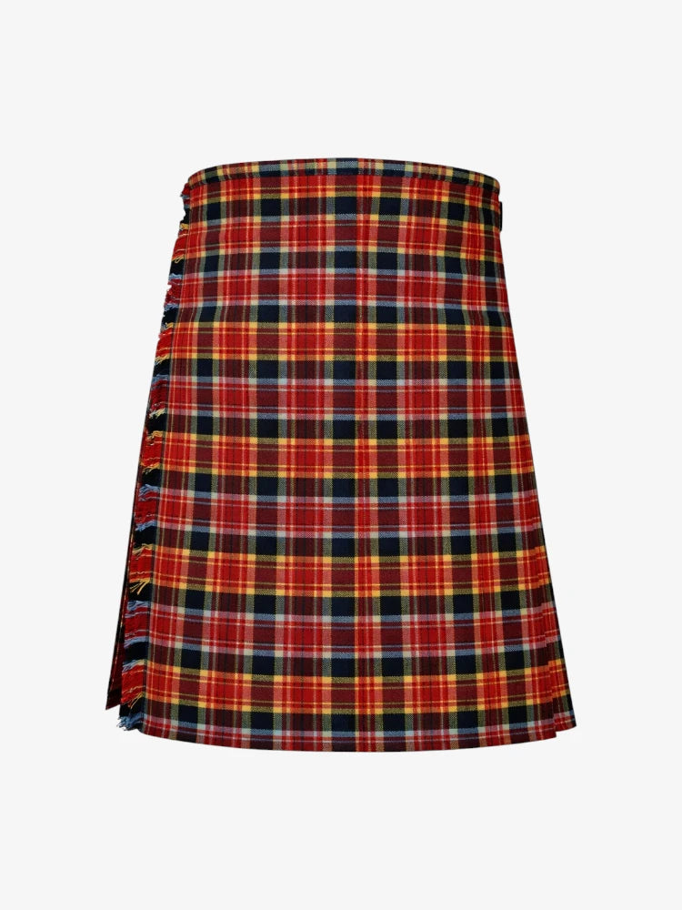Plaid kilt with red, blue, and yellow pattern on a white background