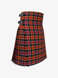 Plaid kilt with red, blue, and black pattern on a white background