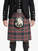 Person wearing a traditional Scottish kilt with a tartan pattern on a white background