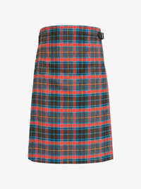 Plaid kilt with red, blue, and green pattern on a white background