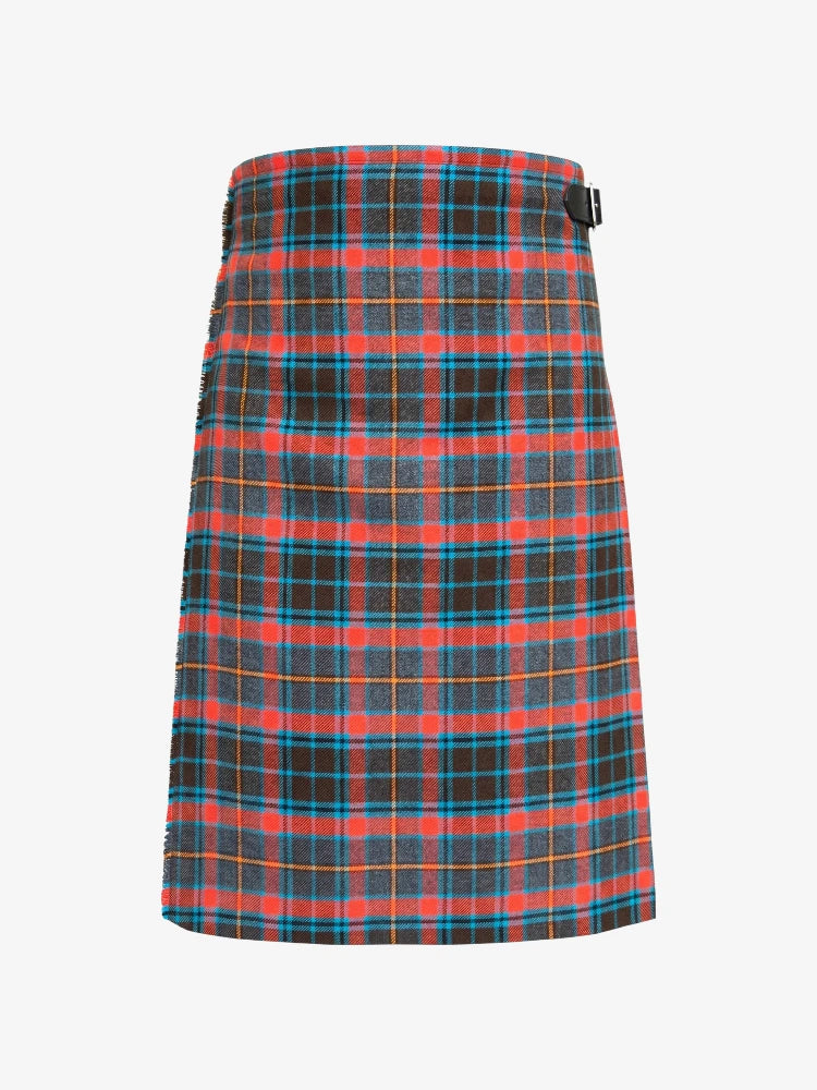 Plaid kilt with red, blue, and green pattern on a white background