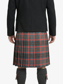 Person wearing a black jacket and red plaid kilt on a white background