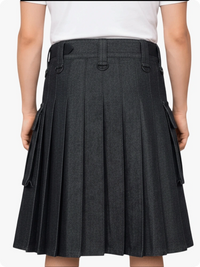 Gray pleated skirt worn by a person on a white background