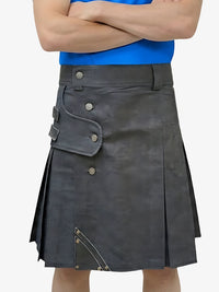 Person wearing a gray kilt with button details on a white background