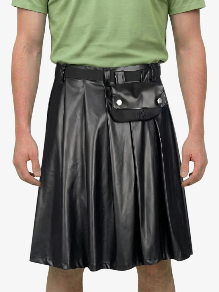 Kilt de Cuero Negro con Pliegues Completos Hecho a Medida