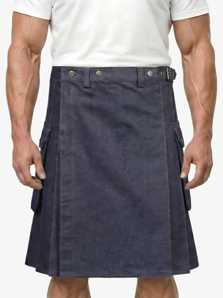 Kilt de mezclilla azul con hilo rojo hecho a medida