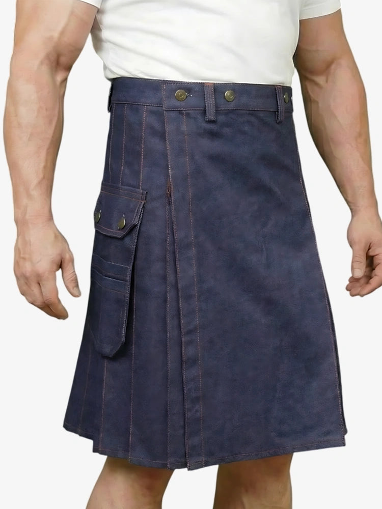 Kilt de mezclilla azul con hilo rojo hecho a medida