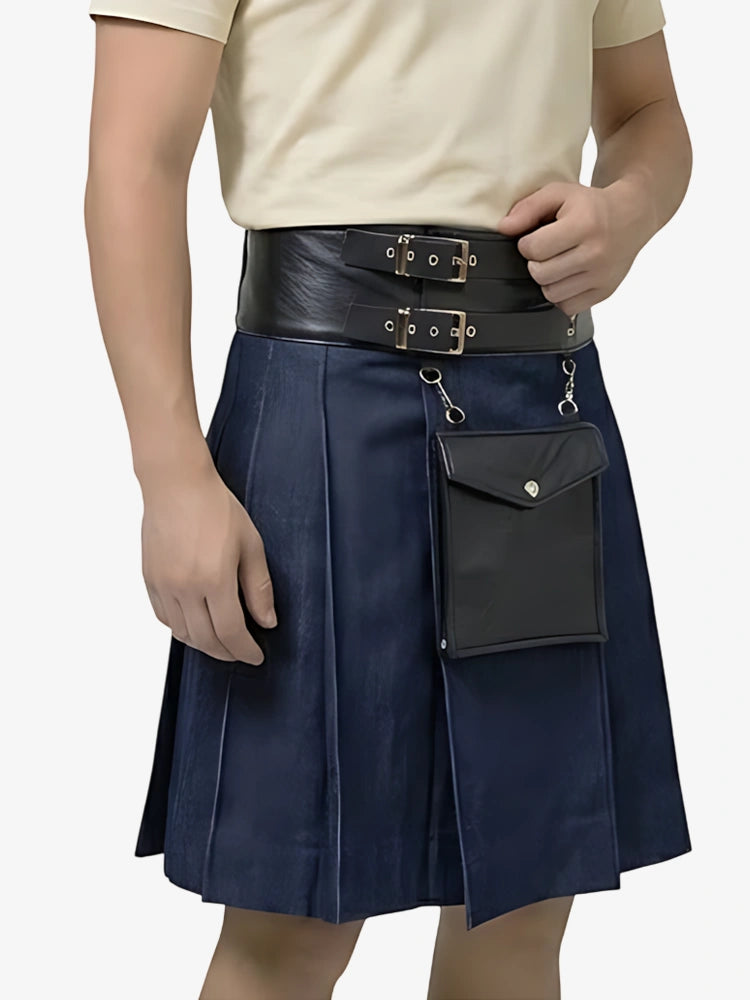 Kilt de mezclilla azul con cuero hecho a medida
