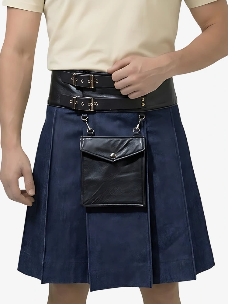 Kilt de mezclilla azul con cuero hecho a medida