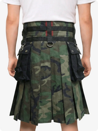Camouflage kilt with black accents worn by a person on a white background