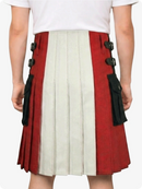 Red and white kilt with black buckles on a white background
