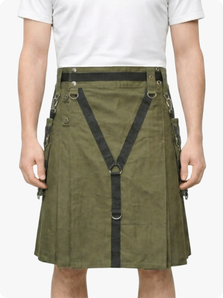 Custom Made Cotton Olive Green Utility Kilt