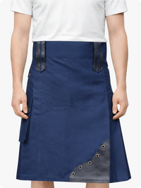 Person wearing a blue apron with black accents on a white background