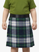 Person wearing a green shirt and plaid kilt on a white background