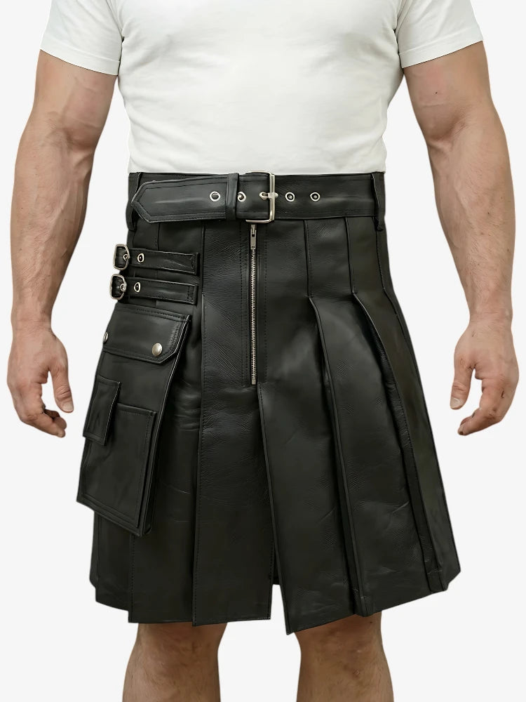 Kilt de Cuero Negro Genuino Hecho a Medida con Bolsillo Lateral