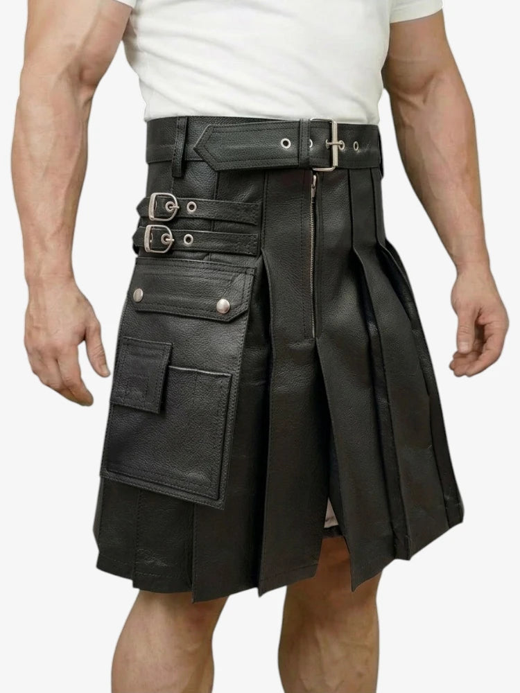 Kilt de Cuero Negro Genuino Hecho a Medida con Bolsillo Lateral
