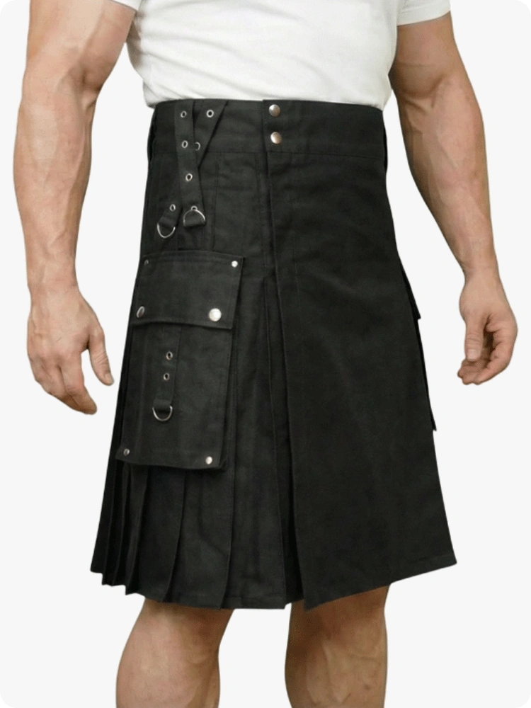 Black kilt with silver buttons worn by a person on a white background