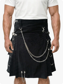 Black kilt with silver chains and hooks worn by a person on a white background