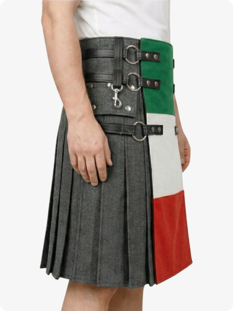 Kilt with a unique design featuring black, green, white, and red colors on a white background.