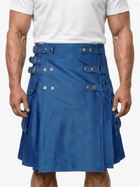 Person wearing a blue kilt with metal buttons on a white background