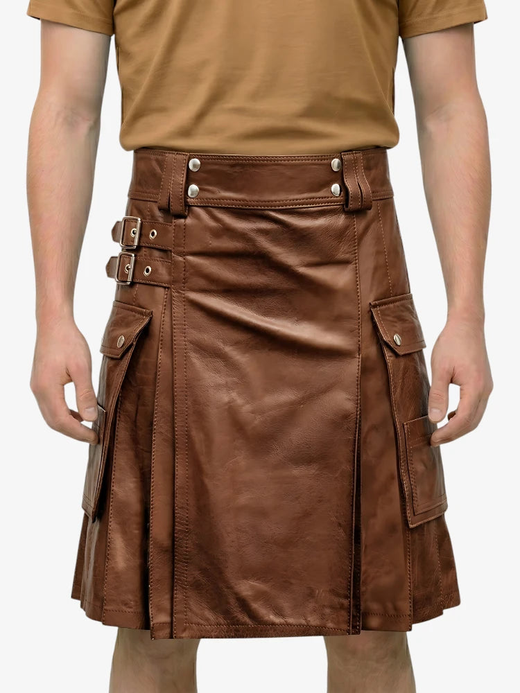 Kilt de Cuero Marrón Lujoso y Estilizado Hecho a Medida