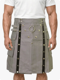 Gray kilt with black accents and gold buttons on a white background