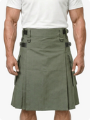 Person wearing a green kilt on a white background