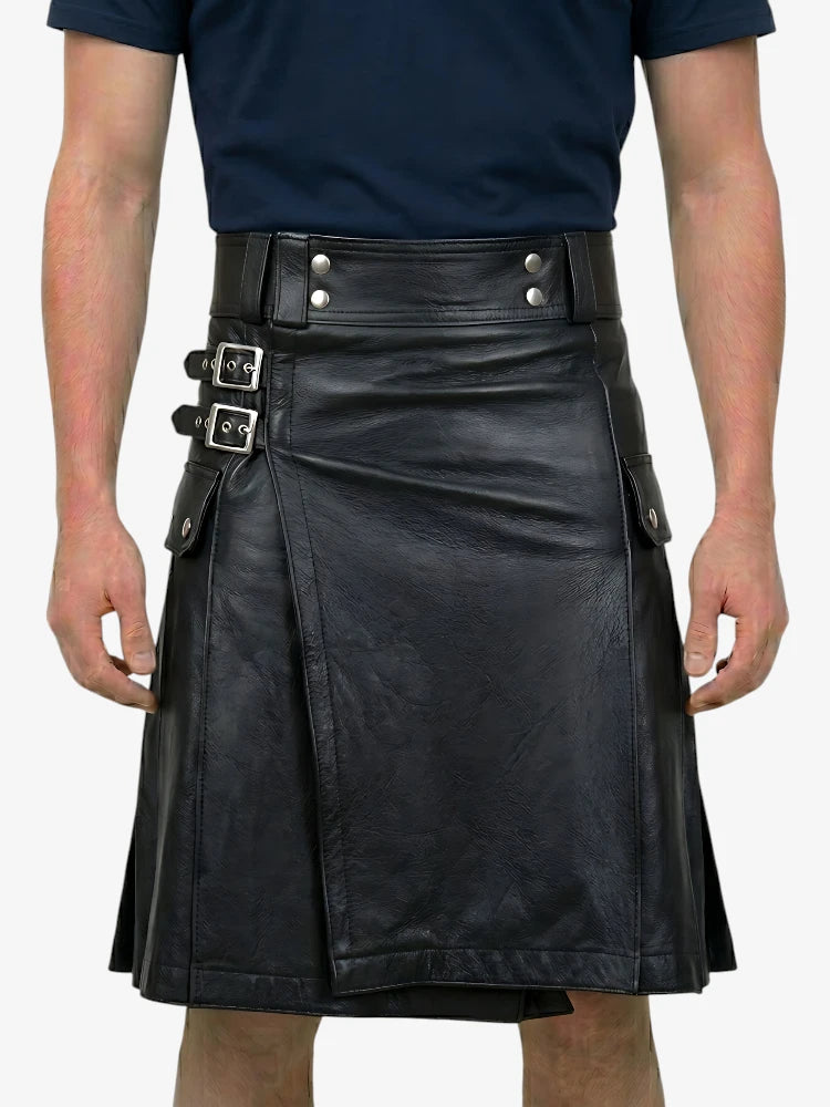 Kilt de cuero negro puro y elegante hecho a medida