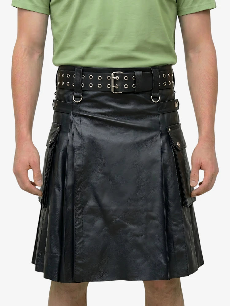 Kilt escocés de cuero negro para hombres activos hecho a medida