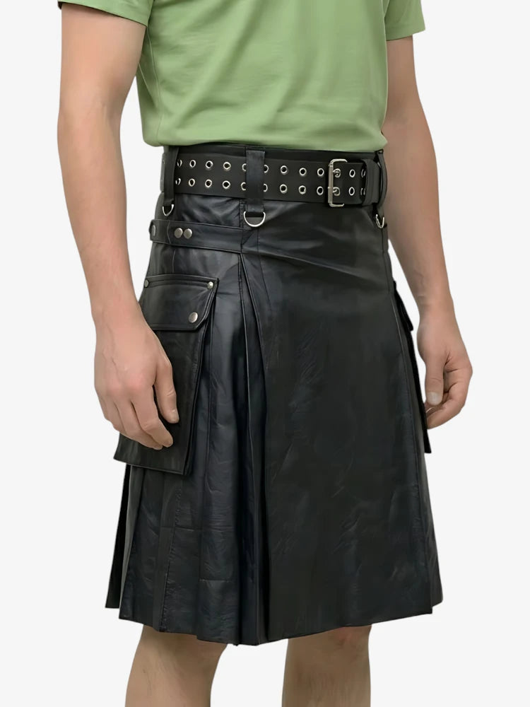 Kilt escocés de cuero negro para hombres activos hecho a medida