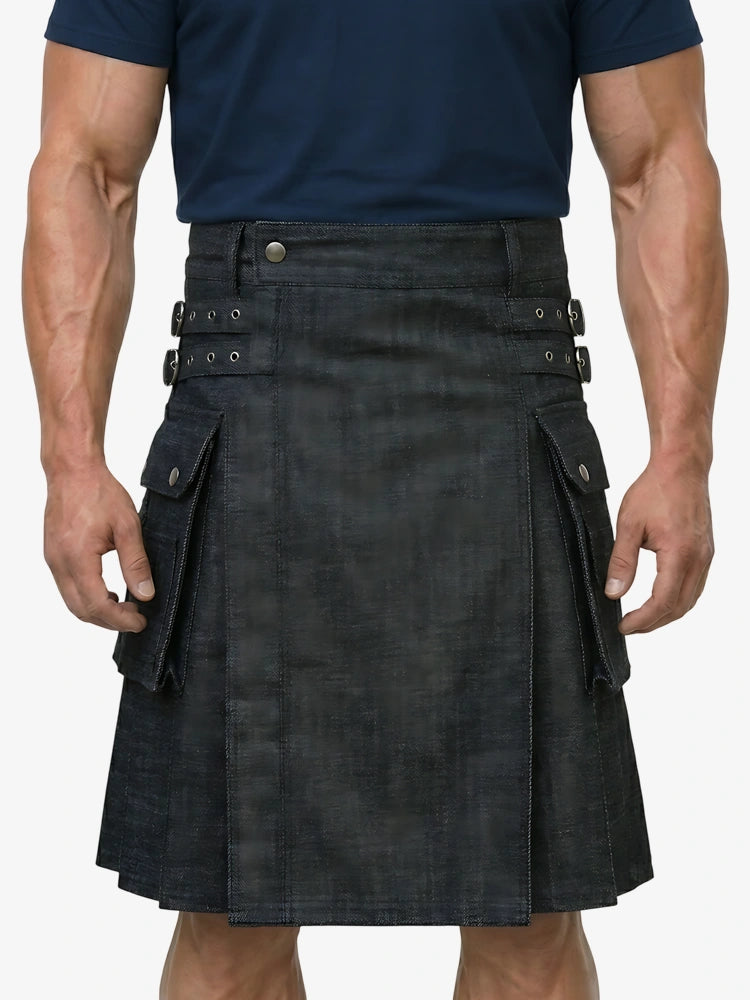 Kilt utility de mezclilla negra escocesa hecho a medida