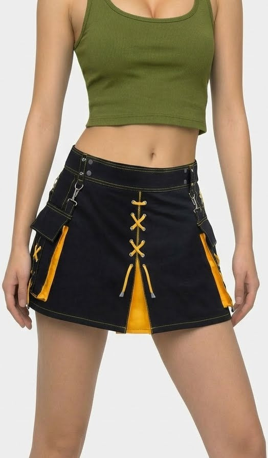Kilt Híbrido Escocés Negro y Amarillo Hecho a Medida para Mujer