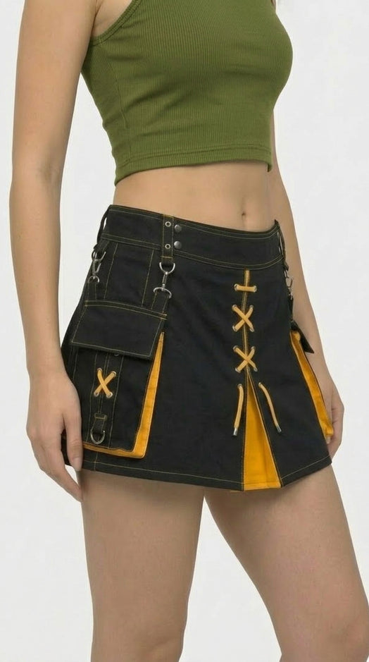 Kilt Híbrido Escocés Negro y Amarillo Hecho a Medida para Mujer