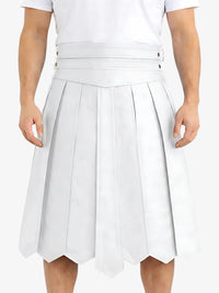 White pleated skirt worn by a person on a white background