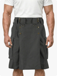 Gray kilt with button details worn by a person on a white background