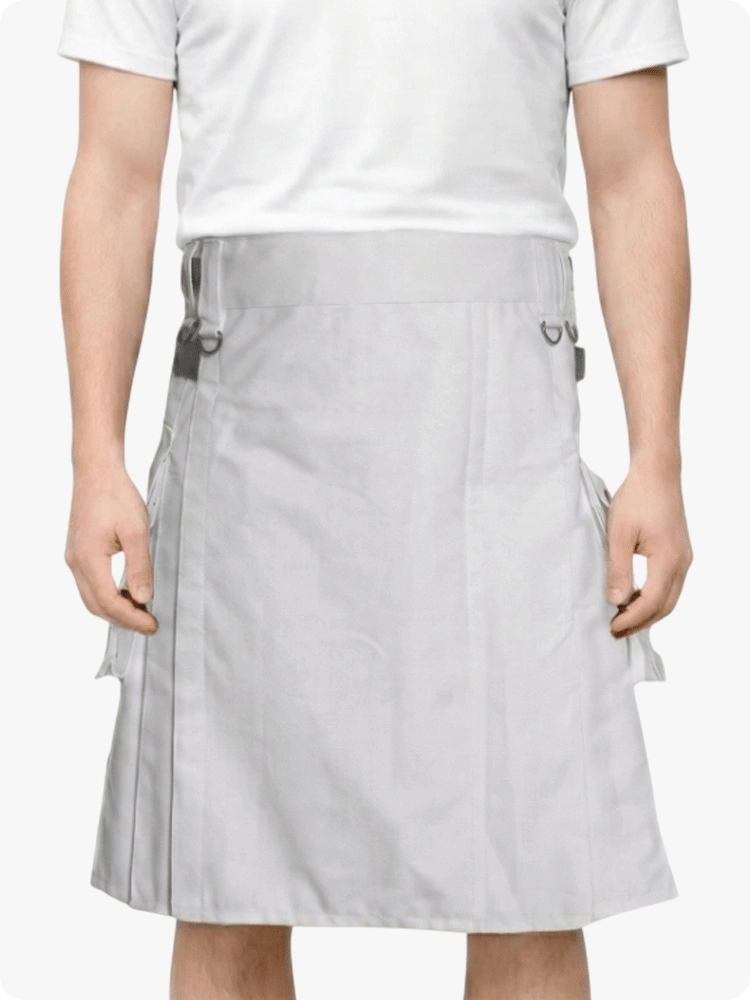 Custom Made White Utility Kilt With Leather Straps