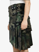 Camouflage skirt with metal buckles on a white background