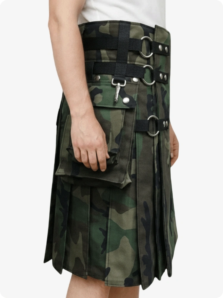 Camouflage kilt with black belt and silver buckles on a white background