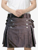 Person wearing a brown kilt with silver buttons on a white background