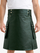 Dark Green Genuine Leather Utility Kilt with Cargo Pockets & D-Rings