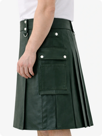 Dark Green Genuine Leather Utility Kilt with Cargo Pockets & D-Rings