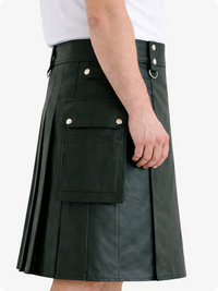 Dark Green Genuine Leather Utility Kilt with Cargo Pockets & D-Rings