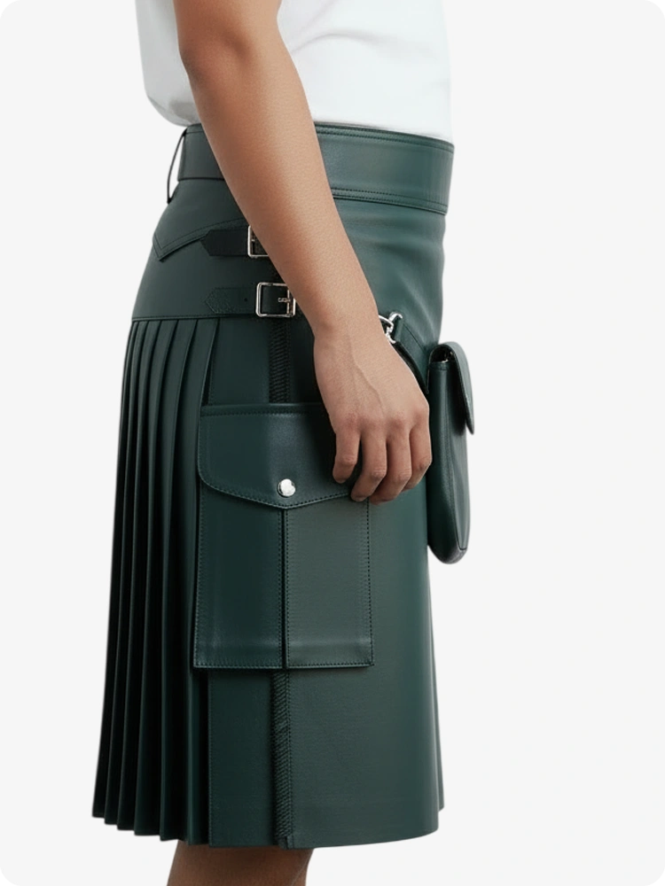 Kilt de cuero plisado verde oscuro con trabillas y correas laterales