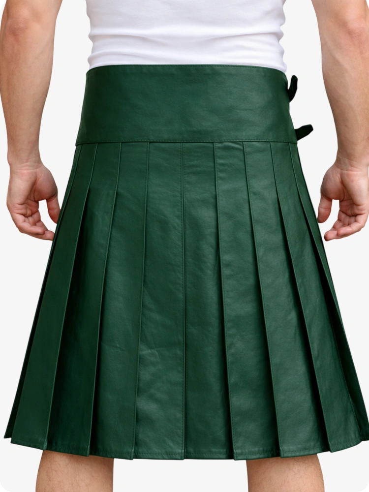 Dark Green Leather Utility Kilt with Front Pocket & Adjustable Buckle Straps