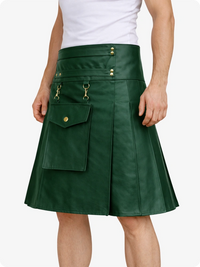Dark Green skirt with gold buttons and pockets worn by a person on a white background