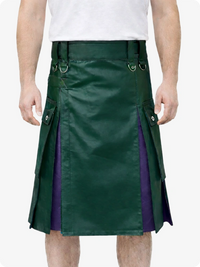 Dark Green and purple kilt worn by a person on a white background
