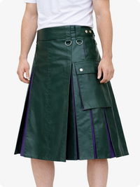 Dark Green leather skirt with purple accents worn by a person on a white background