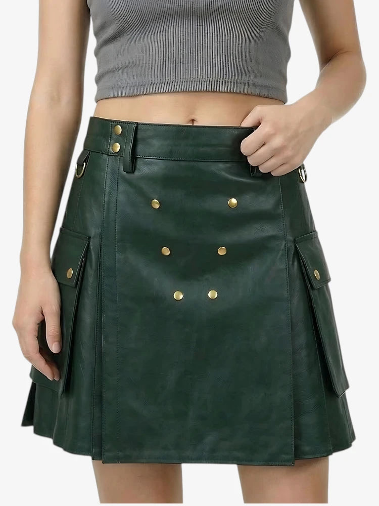 Kilt de cuero verde oscuro hecho a mano para mujer