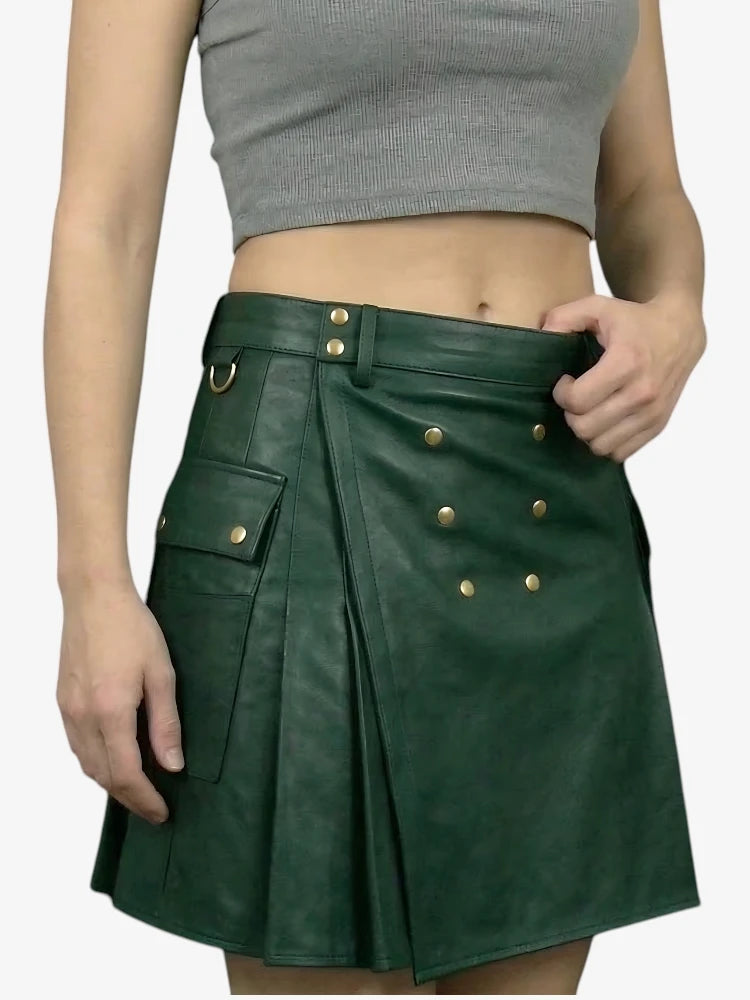 Kilt de cuero verde oscuro hecho a mano para mujer