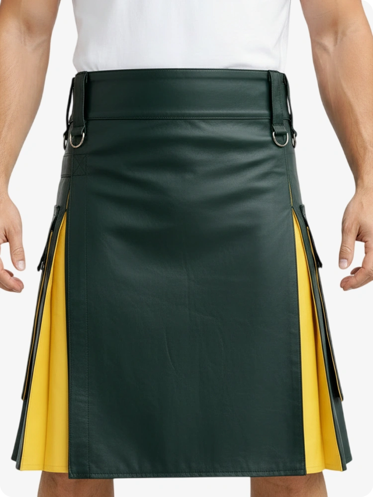 Kilt de cuero verde oscuro y amarillo con bolsillos cargo